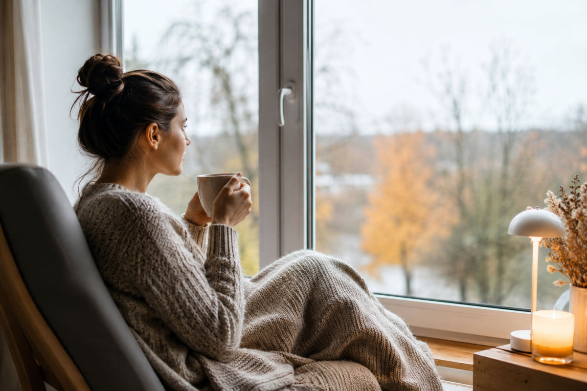 femme au bord de la fenêtre qui prend la lumière